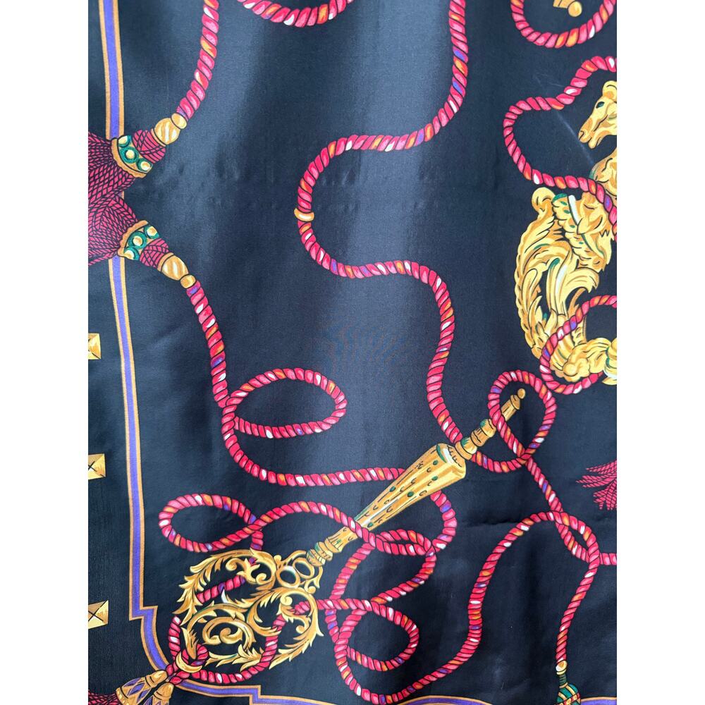 Leslie Fay Vintage‎ Silk Equestrian Scarf Black Gold Rope Print 34” Square - Picture 3 of 6